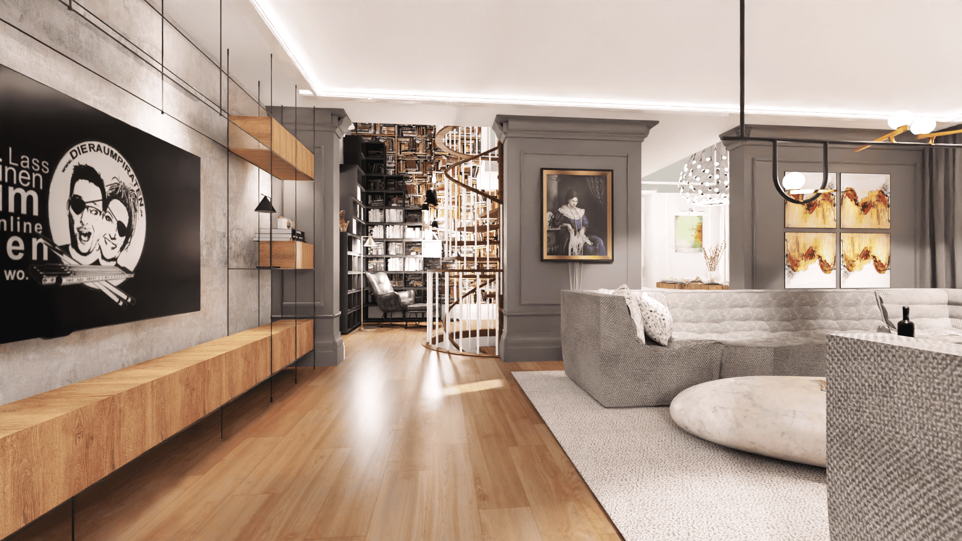 Innenarchitektur Berlin – Altbau-Wohnzimmer Prenzlauer Berg (3D-Visualisierung)